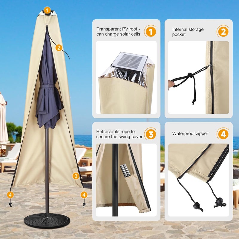 AckMizz Solar Patio Umbrella Cover - Solar Outdoor Umbrella Covers with Folding Rod, Transparent Top Oxford, Parasol Cover For 7.5ft 9ft 10ft 11ft LED Light Table Umbrella (Beige) - Image 5